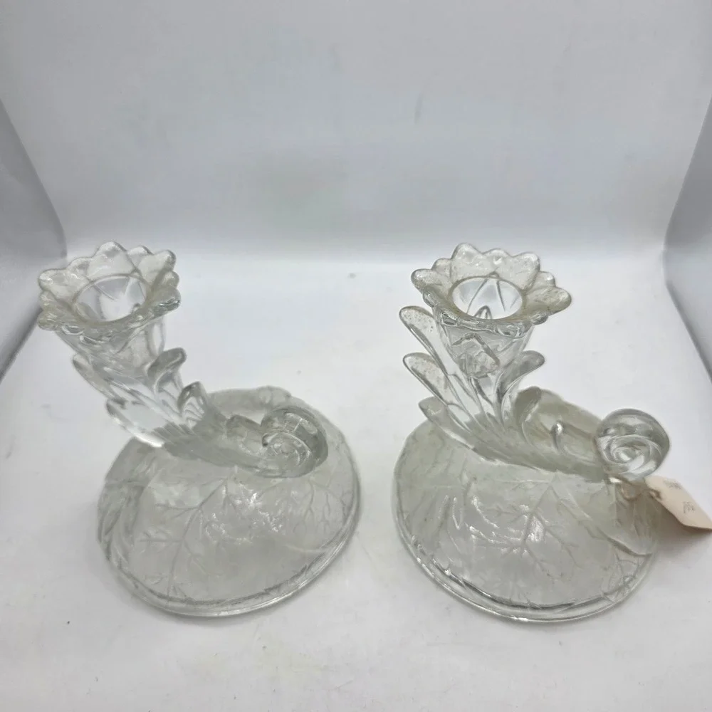 Vintage Fostoria Clear Glass Floral Scroll Candlestick Holders Pair Candle Holde